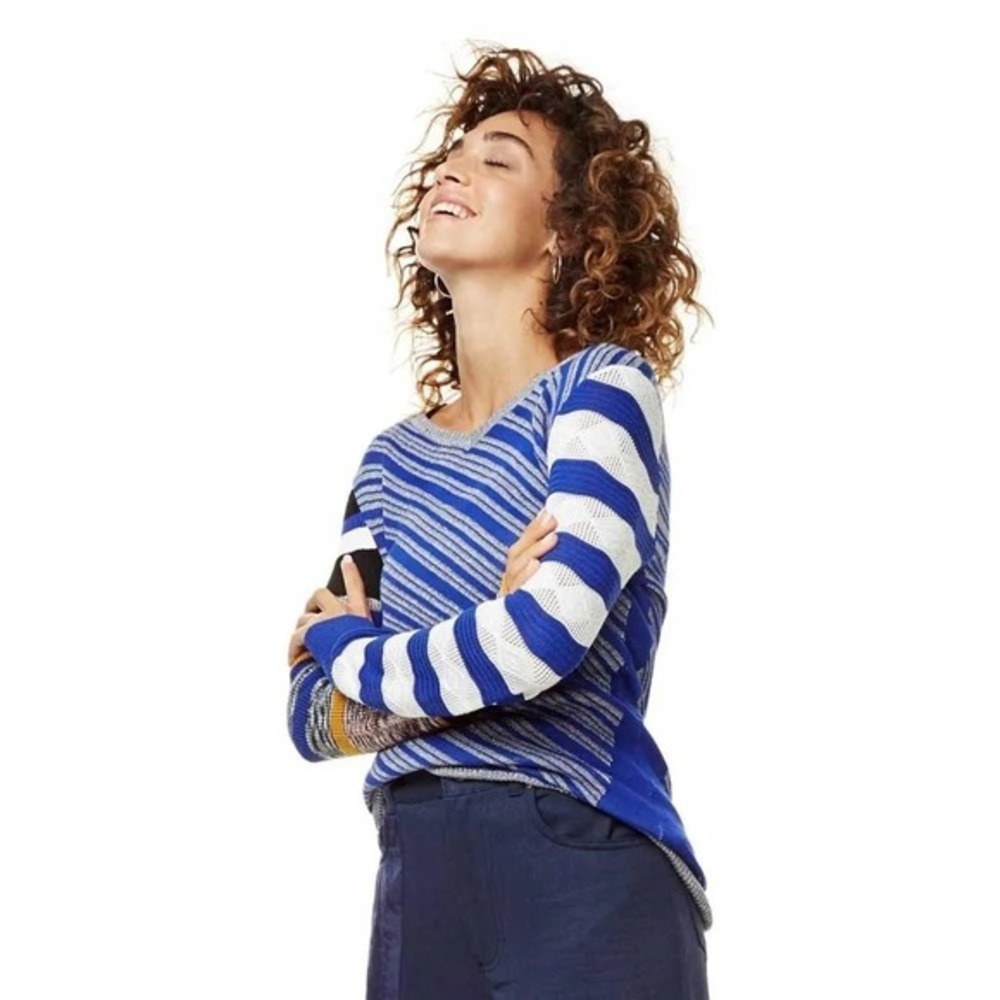 DESIGUAL Nieves V-Neck Pullover Sweater Colorful Stripes‎ Metallic Large